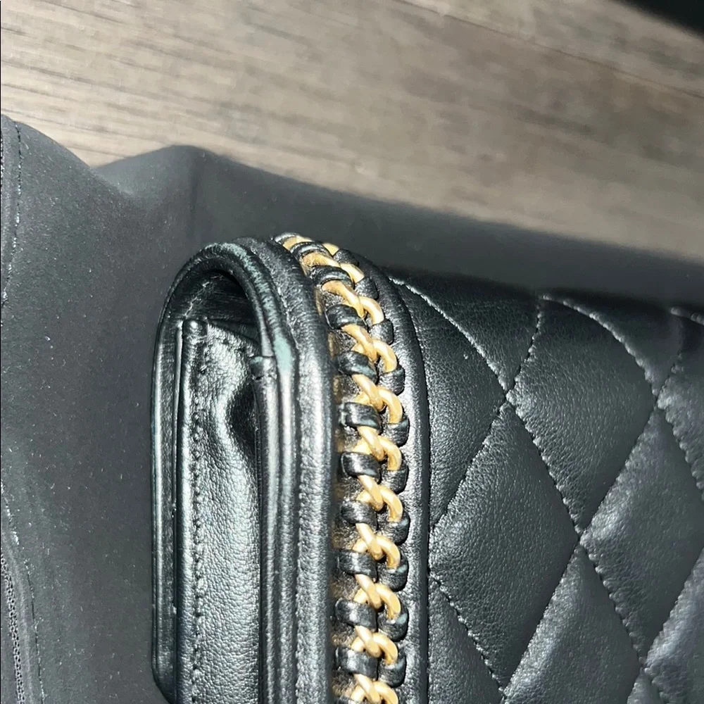 RARE!! Chanel Black and Gold Quilted distressed chain flap wallet